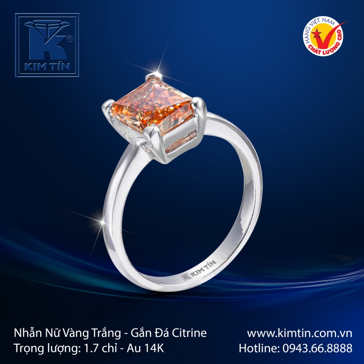 Nhẫn Nữ Vàng Trắng Gắn Đá Citrine